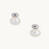 Silver earrings with round white pearls, reflecting light. Simple and elegant design on a plain white background, conveying a sense of sophistication.
