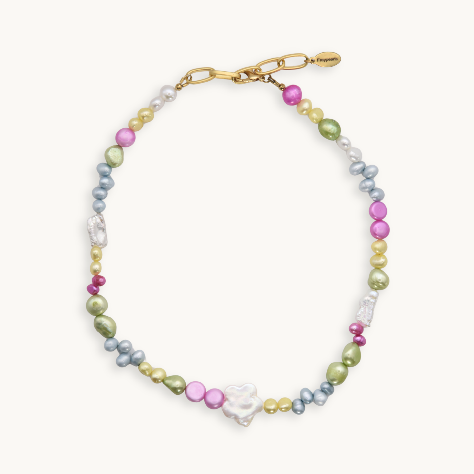 Multicolored pearl necklace with a gold clasp on a white background