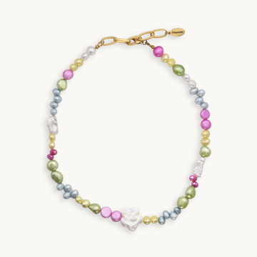 Multicolored pearl necklace with a gold clasp on a white background