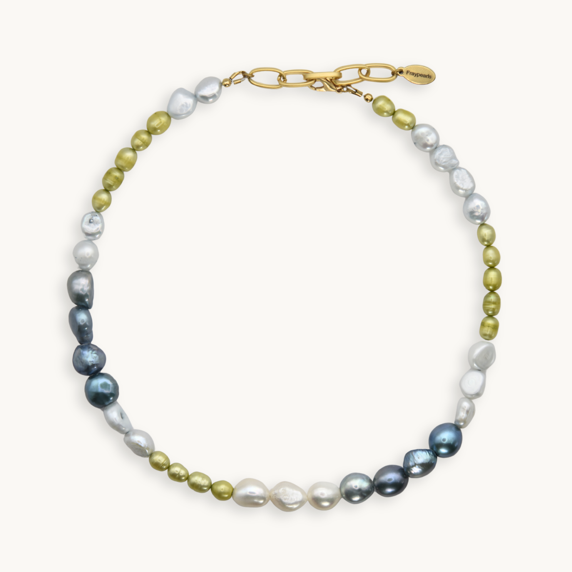 Green, blue, and white pearl necklace with a gold clasp on a white background.