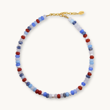 Multicolored beaded necklace with a gold clasp on a white background