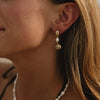 A close-up lifestyle shot of a woman wearing a delicate gold and white beaded drop earring, with a matching pearl necklace visible at the bottom.
