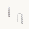 Silver earrings featuring a vertical row of five round white pearls on a hook design, set against a plain white background. Elegant and classy.