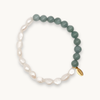 Anklet with jade and pearls on elastic with gold Fraypearls tag