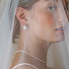 Close-up of a bride wearing a pearl earring and delicate necklace with a veil.