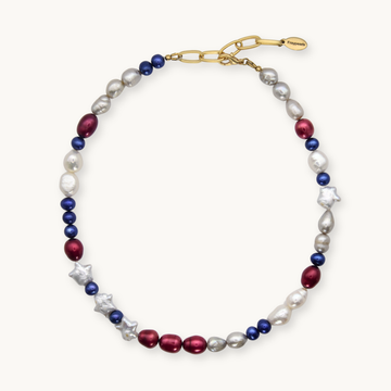 Necklace with red, white, and blue pearls and star-pearls on a white background
