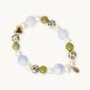 Beaded bracelet with olive green, dalmatian jasper and freshwater pearls, finished with a gold heart charm
