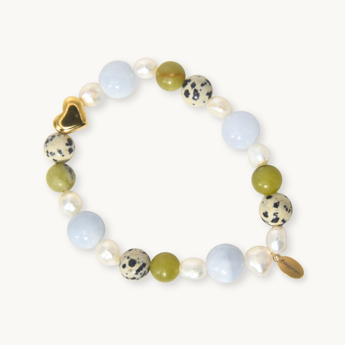 Beaded bracelet with olive green, dalmatian jasper and freshwater pearls, finished with a gold heart charm