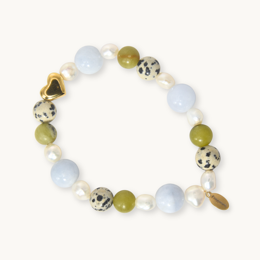 Beaded bracelet with olive green, dalmatian jasper and freshwater pearls, finished with a gold heart charm