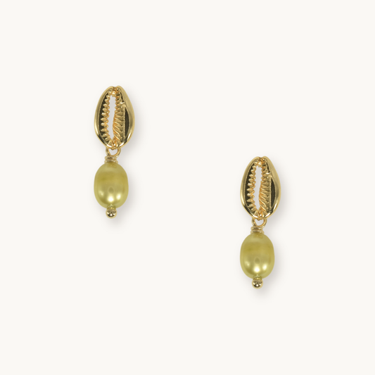 Gold cowrie shell earrings with chartreuse green teardrop pearls