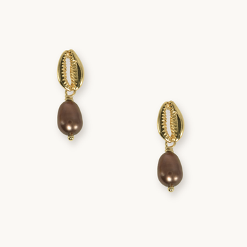 Gold cowrie shell earrings with chocolate brown teardrop pearls