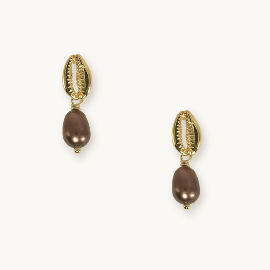 Gold cowrie shell earrings with chocolate brown teardrop pearls