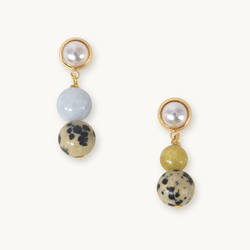 Gold drop earrings with freshwater pearl tops, blue lace agate, olive jasper and dalmatian jasper stones