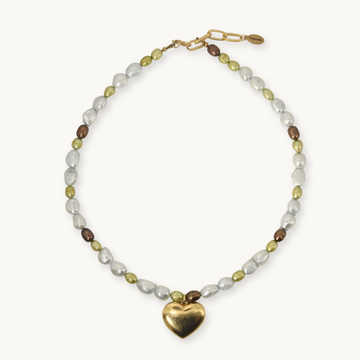 Necklace in chartreuse, white and chocolate brown pearls with a gold heart pendant