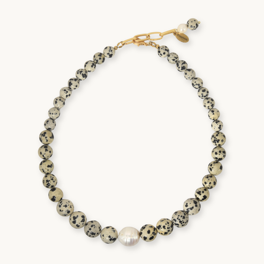 Dalmatian jasper beaded necklace with a freshwater pearl and a gold clasp
