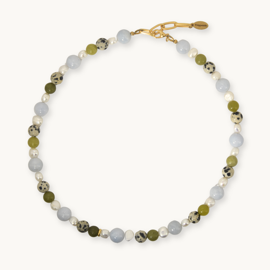 Beaded necklace with blue lace agate, olive green stones and freshwater pearls with a gold heart pendant