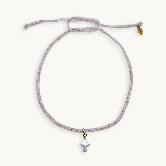 A delicate adjustable cord necklace featuring a small white shell pendant and a tiny gold tag, displayed on a clean off-white background.