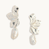 Silver earrings with leaf-like designs on a white background